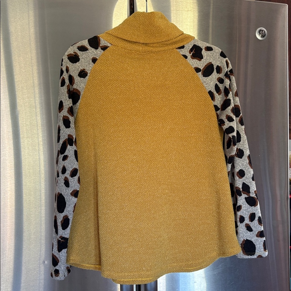Mustard Cowl Neck Sweater with Leopard Print Sleeves - Picture 5 of 6